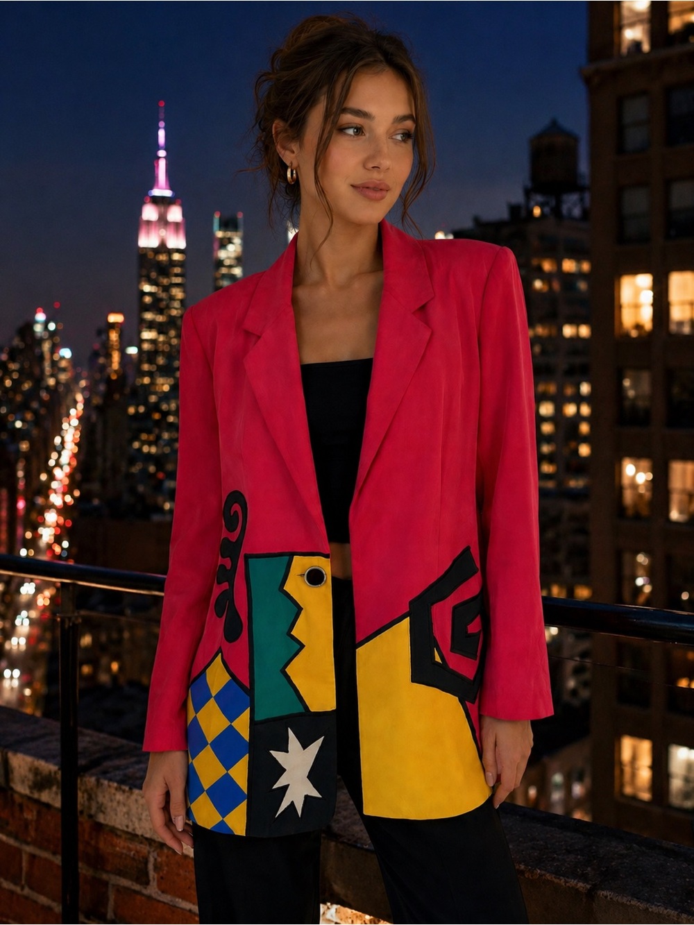 Women's Vintage Red Colorblock Graphic-Panel Blazer - Picture 2 of 16